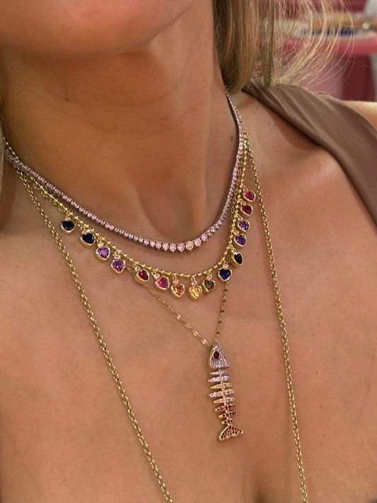Rainbow Multi Dangle Hearts Necklace