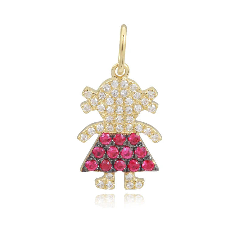 Dije de niña con pavé de piedras preciosas en oro de 14 k