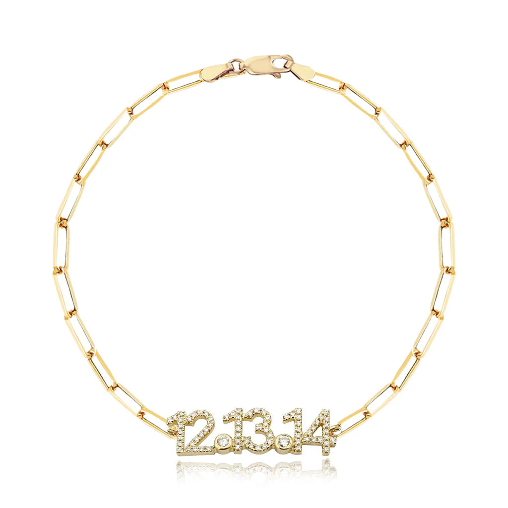Pulsera con fecha y pavé de oro de 14 k