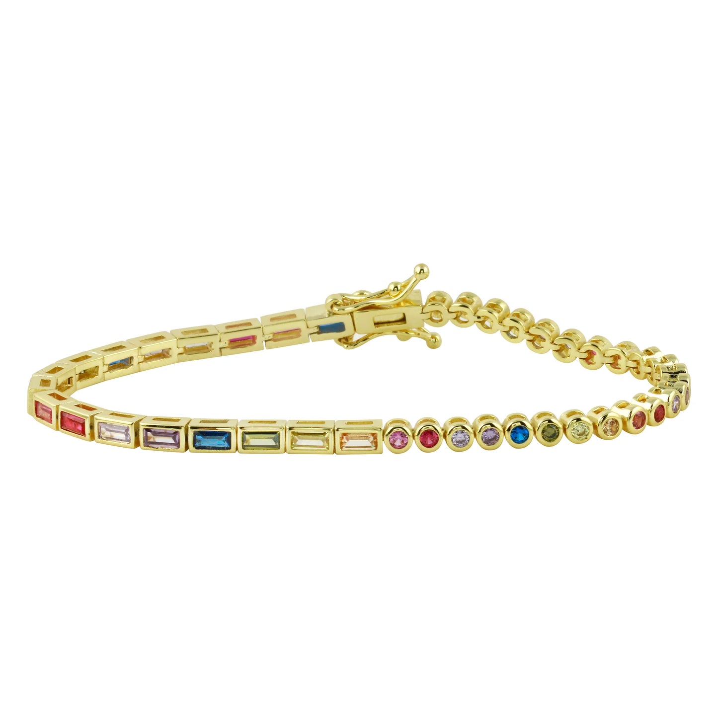 Pulsera de tenis con bisel y media baguette de arcoíris