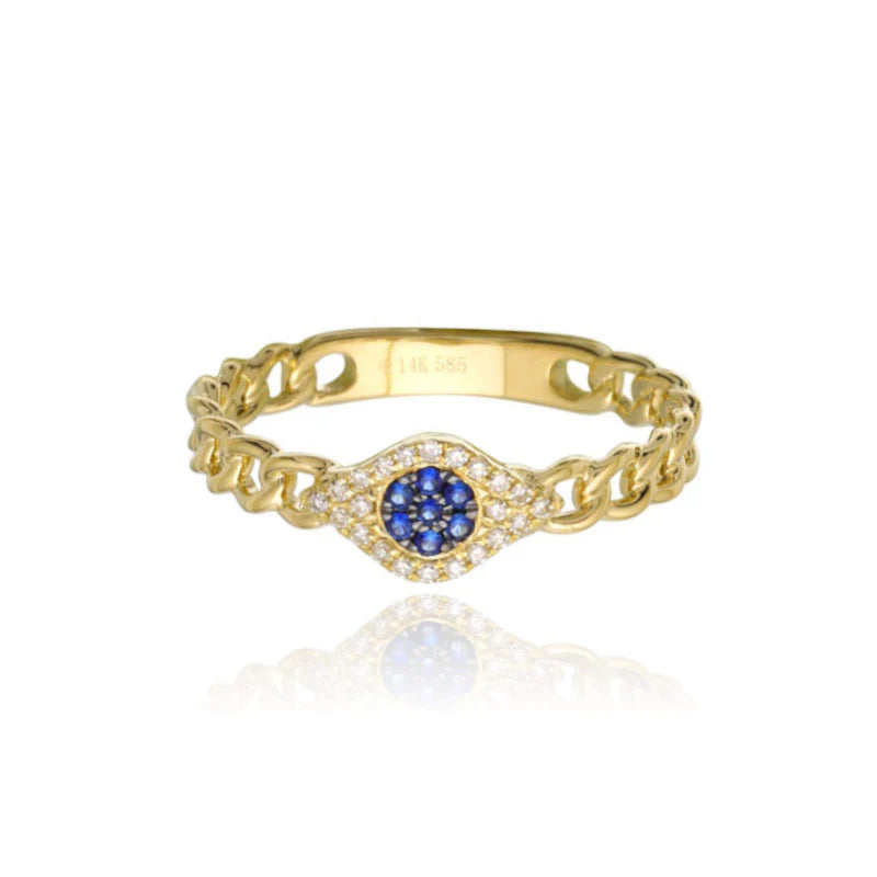 Anillo de oro de 14 k con eslabones cubanos y ojo malvado pavé