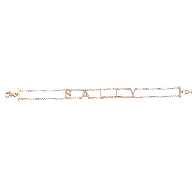 Pulsera de cadena doble con nombre y diamantes en oro de 14 k