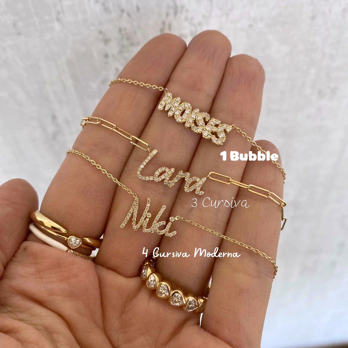 Collar con clip de papel con nombre y diamantes en oro de 14 k