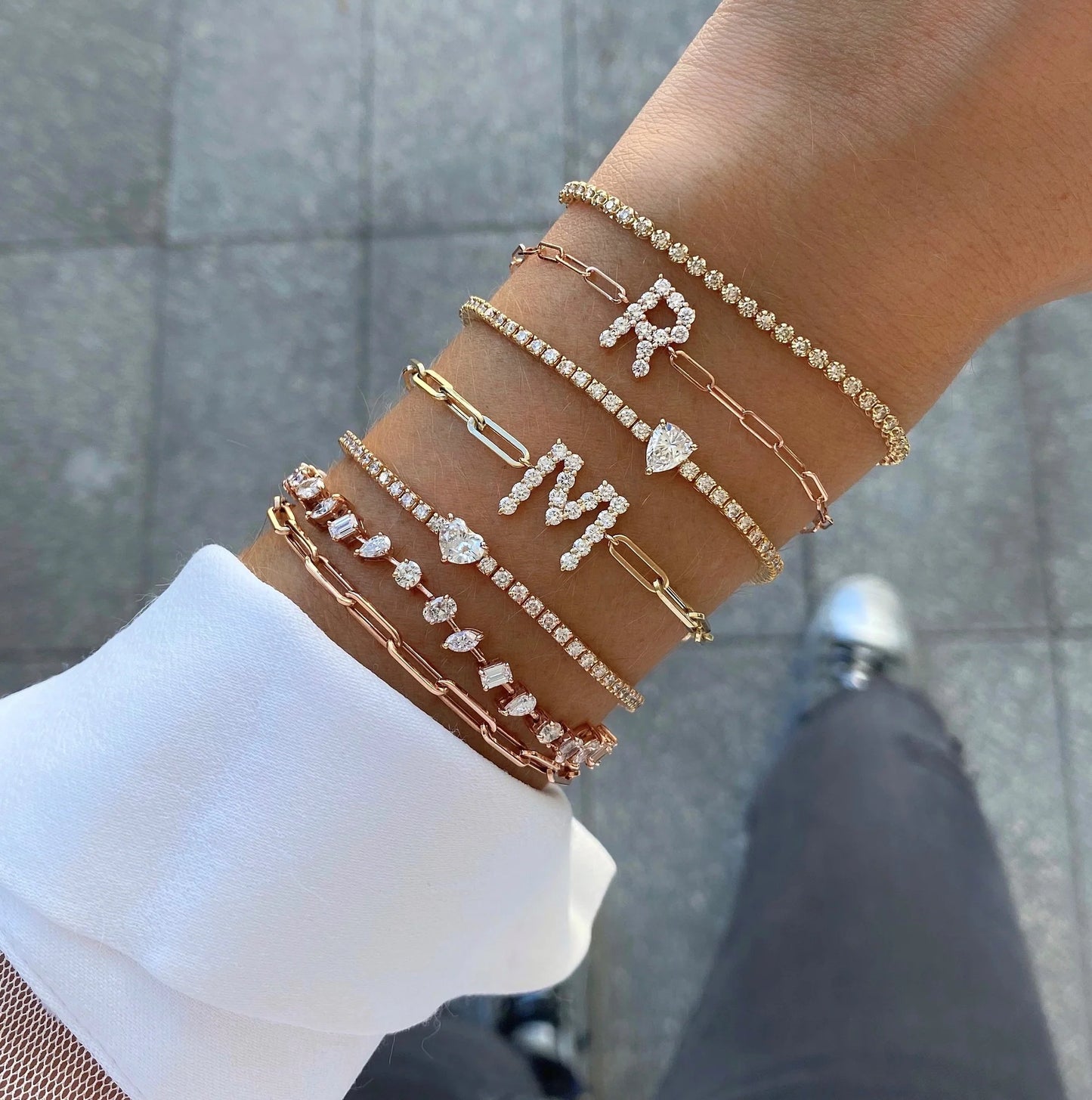 14k Gold Large Diamond Initial Small Paperclip Bracelet