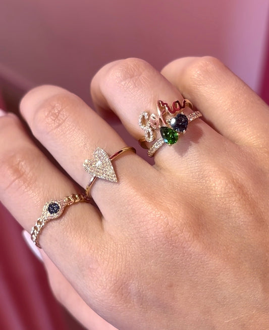 Anillo de oro 14k en tejido cubano y Evil Eye pavé