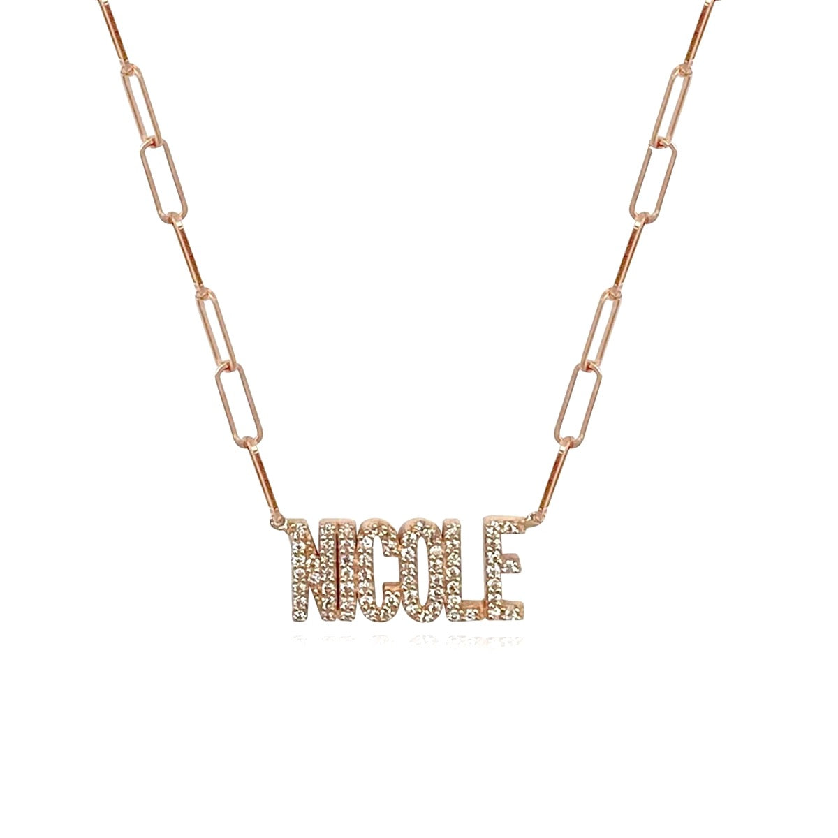 Collar con clip de papel con nombre y diamantes en oro de 14 k