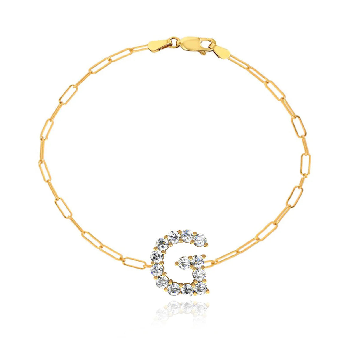 14k Gold Large Diamond Initial Small Paperclip Bracelet