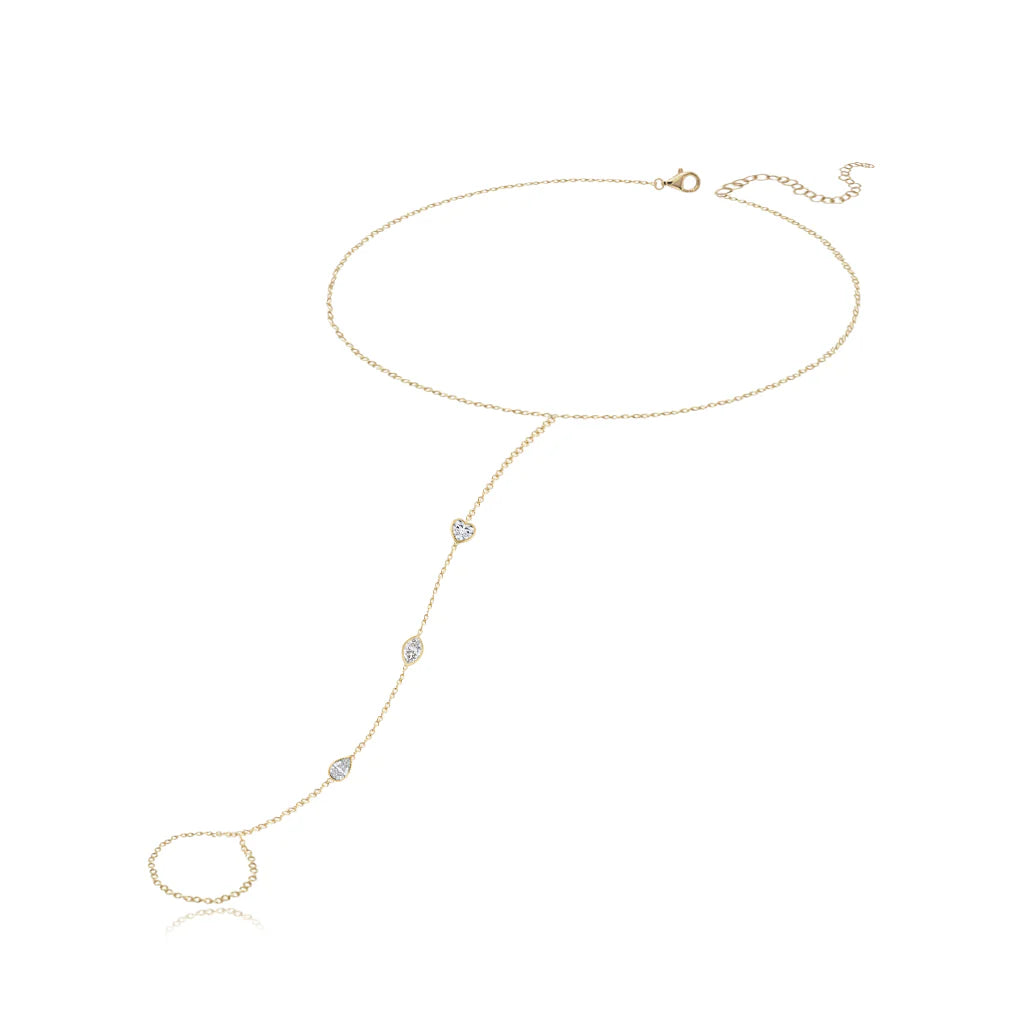 Cadena de mano con diamantes en bisel y tres diamantes en oro de 14 k