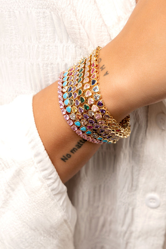 Pulsera de tenis con corazón en bisel morado