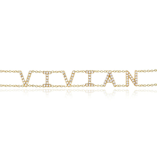 Pulsera de cadena doble con nombre y diamantes en oro de 14 k