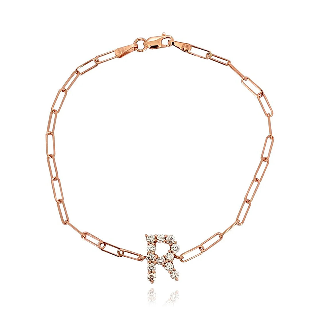 Pulsera con clip pequeño con inicial de diamante grande en oro de 14 k